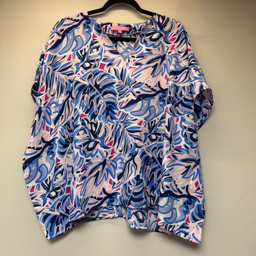 Simply Southern Poncho Top Womens Medium‎ Blue Pink Tropical Leaf Excellent Boho